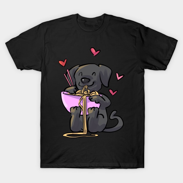 Lab Black Puppy Dog Eating Noodles T-Shirt by GeekyFairy